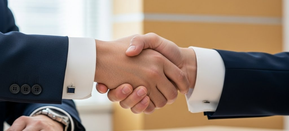 握手を交わすビジネスマンの手元