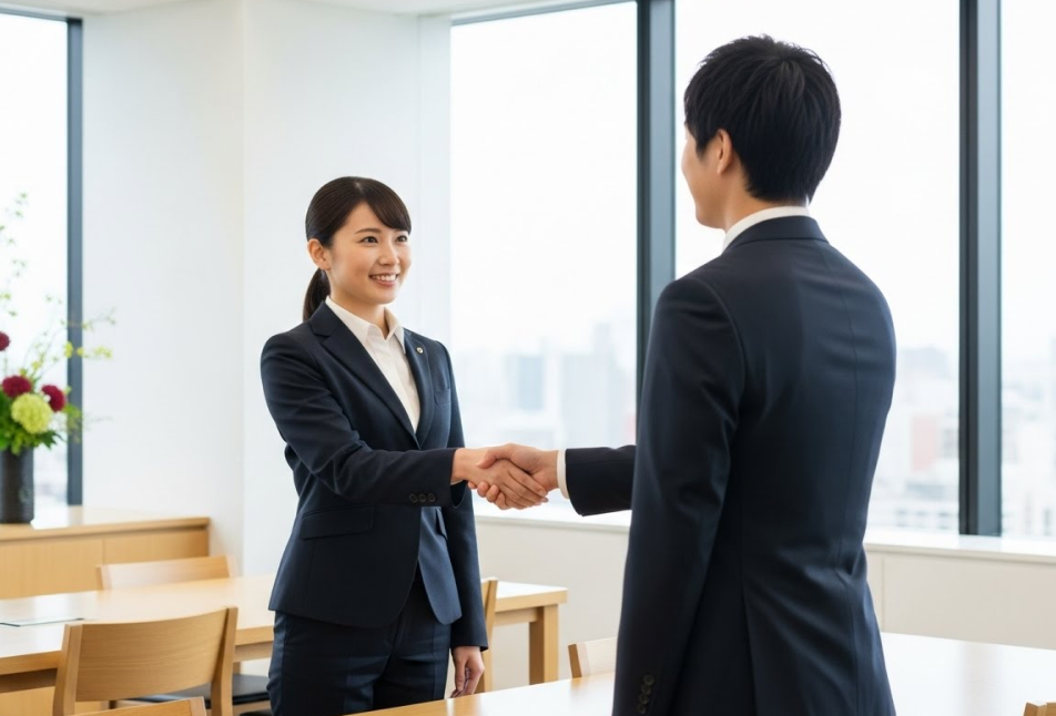 スーツ姿の男女が明るいオフィスで笑顔で握手を交わしているビジネスシーン。