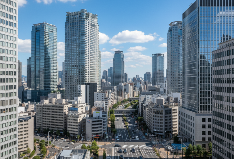 高層ビルが立ち並ぶ都市の風景で、中央には広い幹線道路が走っている。