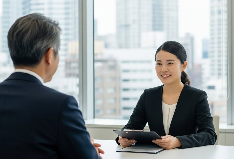 女性がクリップボードを手に面接中のように笑顔で男性と向かい合っているオフィスの様子。