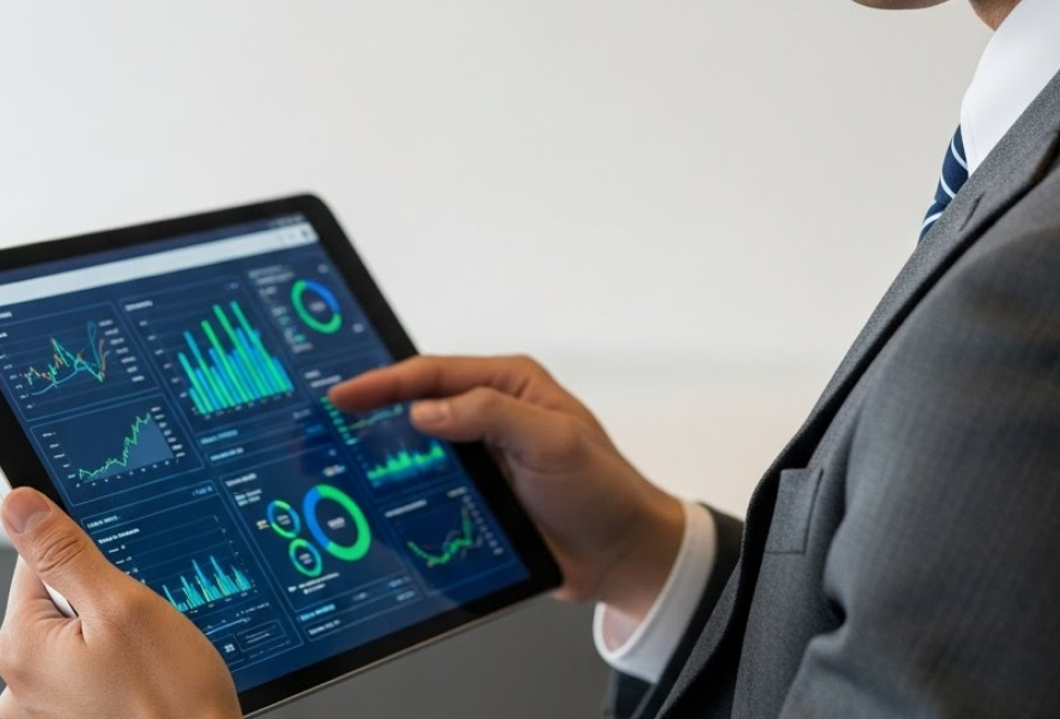スーツを着たビジネスパーソンがタブレット端末で複数のグラフを確認している場面。
